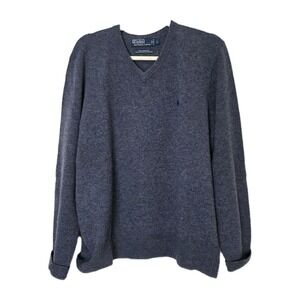 VTG Polo Ralph Lauren 100% Lambs Wool Sweater Men L‎ LS Navy Pullover V Neck